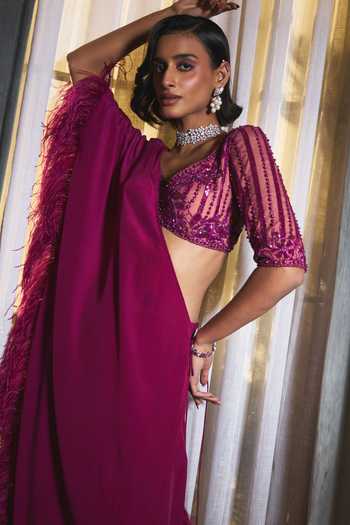 Shop_Ohaila Khan_Magenta Silk, Tulle V-neck Hand Embroidered Pre-draped Saree Set _Online_at_Aza_Fashions