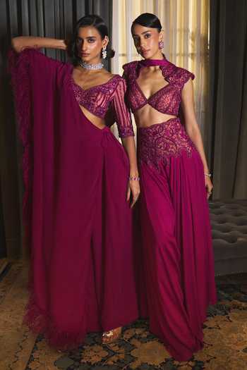 Ohaila Khan_Magenta Chiffon, Tulle V-neck Hand Embroidered Blouse Harem Pant Set _Online_at_Aza_Fashions