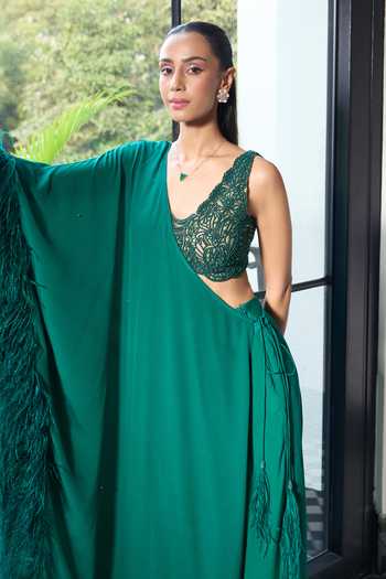 Ohaila Khan_Green Crepe, Tulle V-neck Hand Embroidered Blouse With Pre-draped Saree _Online_at_Aza_Fashions