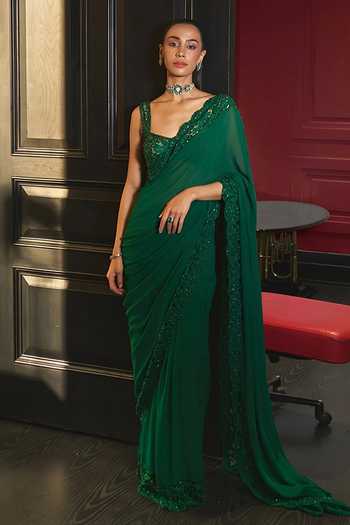 Ohaila Khan_Green Tulle, Georgette Square Neck Hand Embroidered Pre-draped Saree Set _Online_at_Aza_Fashions