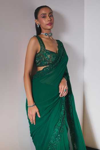 Buy_Ohaila Khan_Green Tulle, Georgette Square Neck Hand Embroidered Pre-draped Saree Set _Online_at_Aza_Fashions