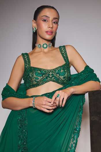 Ohaila Khan_Green Tulle, Georgette Square Neck Hand Embroidered Pre-draped Saree Set _at_Aza_Fashions