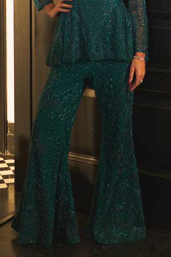 Ohaila Khan_Green Crepe, Tulle V-neck Embroidered Top And Sharara Set _Online_at_Aza_Fashions