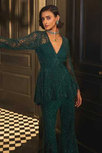 Buy_Ohaila Khan_Green Crepe, Tulle V-neck Embroidered Top And Sharara Set _Online_at_Aza_Fashions