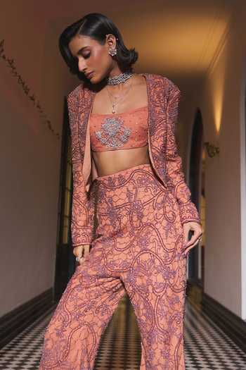 Ohaila Khan_Rose Gold Crepe, Tulle Open Neck, Bandeau Hand Embroidered Jacket Sharara Set _at_Aza_Fashions