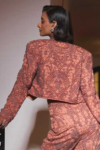 Buy_Ohaila Khan_Rose Gold Crepe, Tulle Open Neck, Bandeau Hand Embroidered Jacket Sharara Set 