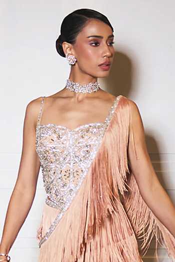 Ohaila Khan Rose Gold Tulle, Lycra Sweetheart Fringed Tassel Pre-draped Saree And Blouse Set Online at Aza Fashions Ohaila Khan_Rose Gold Tulle, Lycra Sweetheart Fringed Tassel Pre-draped Saree And Blouse Set _Online_at_Aza_Fashions