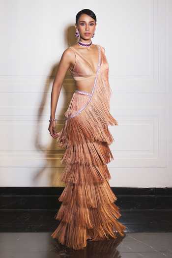 Buy Ohaila Khan Rose Gold Lycra, Organza Hand Embroidered Blouse And Pre-draped Saree Set Online at Aza Fashions Buy_Ohaila Khan_Rose Gold Lycra, Organza Hand Embroidered Blouse And Pre-draped Saree Set _Online_at_Aza_Fashions