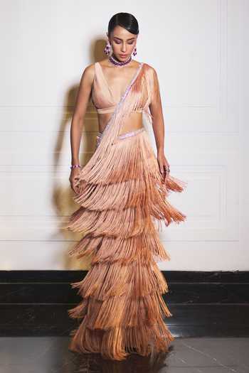 Shop Ohaila Khan Rose Gold Lycra, Organza Hand Embroidered Blouse And Pre-draped Saree Set Online at Aza Fashions Shop_Ohaila Khan_Rose Gold Lycra, Organza Hand Embroidered Blouse And Pre-draped Saree Set _Online_at_Aza_Fashions