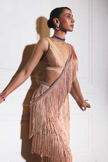 Ohaila Khan Rose Gold Lycra, Organza Hand Embroidered Blouse And Pre-draped Saree Set at Aza Fashions Ohaila Khan_Rose Gold Lycra, Organza Hand Embroidered Blouse And Pre-draped Saree Set _at_Aza_Fashions