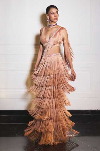 Buy Ohaila Khan Rose Gold Lycra, Organza Hand Embroidered Blouse And Pre-draped Saree Set Buy_Ohaila Khan_Rose Gold Lycra, Organza Hand Embroidered Blouse And Pre-draped Saree Set