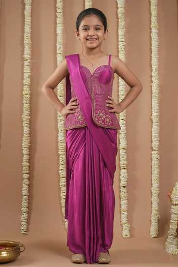Ahi Clothing Embroidered Pre-Draped Saree & Tunic Set For Kids