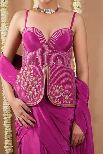 Ahi Clothing_Purple Crepe, Lining Embroidered Pre-draped Saree And Tunic Set For Kids_Online_at_Aza_Fashions
