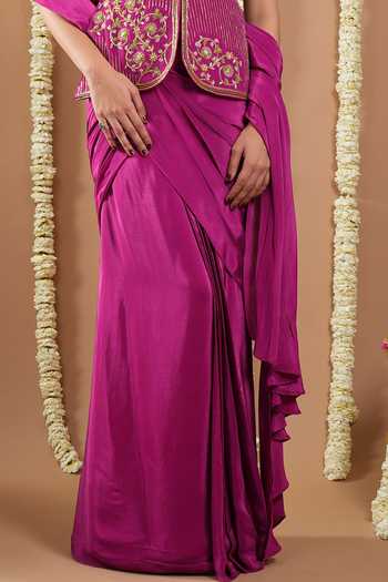 Buy_Ahi Clothing_Purple Crepe, Lining Embroidered Pre-draped Saree And Tunic Set For Kids_Online_at_Aza_Fashions