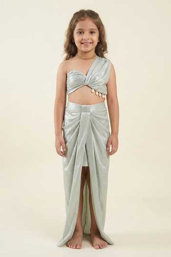 Ahi Clothing Asymmetric Shell Tassel Embellished Bustier Set For Kids
