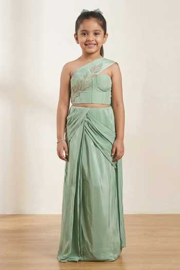Ahi Clothing Floral Vine Hand Embroidered Draped Saree Set For Kids