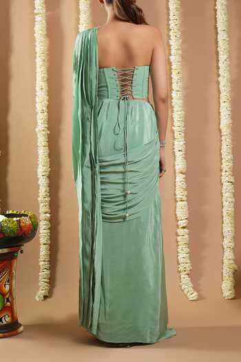 Ahi Clothing Floral Vine Hand Embroidered Draped Saree Set For Kids
