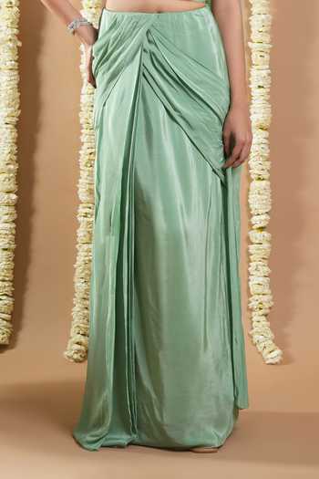 Ahi Clothing Green Lining Heavy Shantoon, Natural Crepe Hand Embroidered Draped Saree Set For Kids Online at Aza Fashions Ahi Clothing_Green Lining Heavy Shantoon, Natural Crepe Hand Embroidered Draped Saree Set For Kids_Online_at_Aza_Fashions