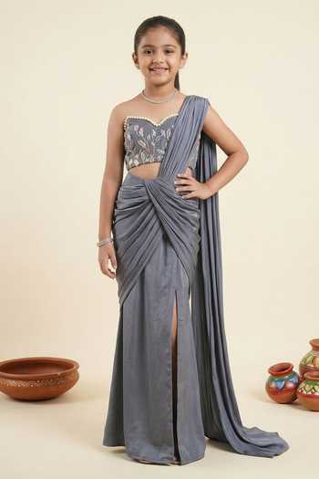 Ahi Clothing High Slit Hand Embroidered Pre-Draped Saree For Kids