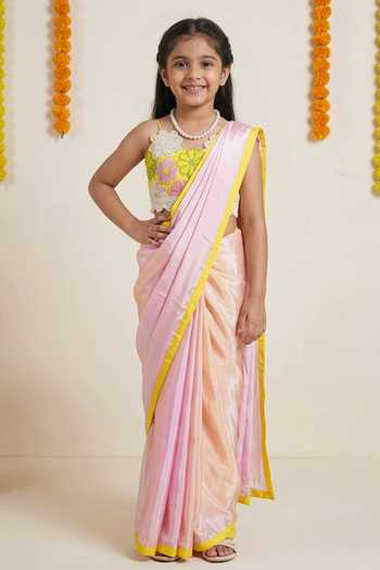 Ahi Clothing Yellow Pre-Draped Saree & Floral Bustier For Kids
