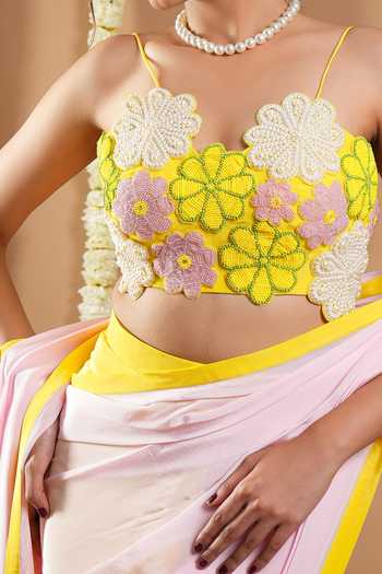 Ahi Clothing Yellow Lining Heavy Shantoon, Natural Crepe Pre-draped Saree And Floral Bustier For Kids Online at Aza Fashions Ahi Clothing_Yellow Lining Heavy Shantoon, Natural Crepe Pre-draped Saree And Floral Bustier For Kids_Online_at_Aza_Fashions