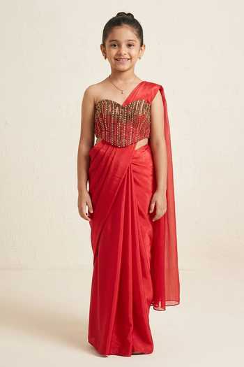 Ahi Clothing Red Pre-Draped Saree With Bustier For Kids