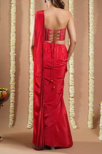 Ahi Clothing Red Pre-Draped Saree With Bustier For Kids