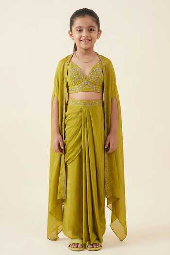 Ahi Clothing Zardozi Hand Embroidered Draped Skirt Cape Set For Kids