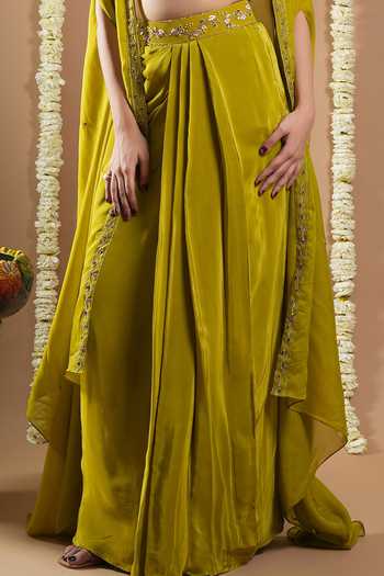 Buy_Ahi Clothing_Green Organza, Lining Heavy Shantoon, Hand Embroidered Draped Skirt Cape Set For Kids_Online_at_Aza_Fashions