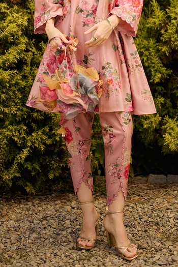 Shop_Ridhi Mehra_Pink Chanderi Split V-neck Floral Print Kurta And Dhoti Pant Set _Online_at_Aza_Fashions
