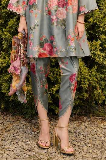 Buy_Ridhi Mehra_Blue Chanderi Split V-neck, Yes Floral Print Kurta And Dhoti Pant Set _Online_at_Aza_Fashions