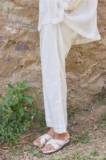 Buy_Ayaka_Off White Cotton, Chanderi Round Neck Hand Embroidered Top With Pant _Online_at_Aza_Fashions