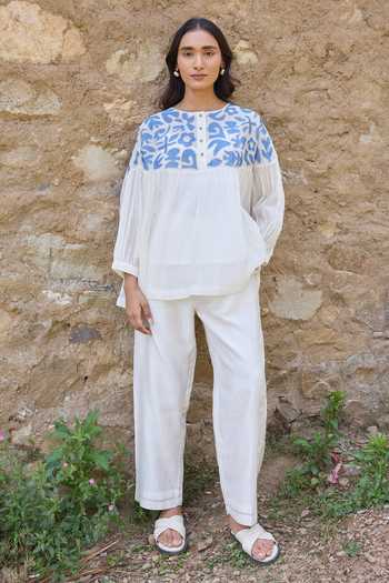Shop_Ayaka_Off White Cotton, Chanderi Round Neck Hand Embroidered Top With Pant _Online_at_Aza_Fashions