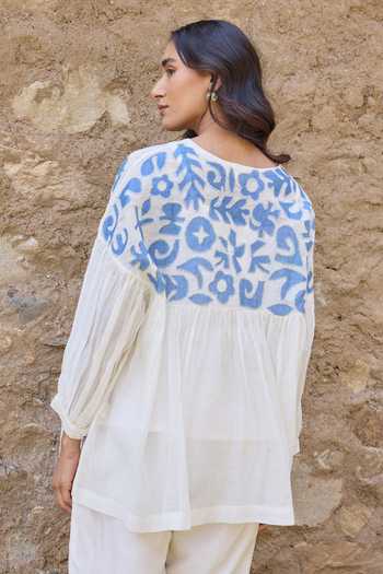 Ayaka_Off White Cotton, Chanderi Round Neck Hand Embroidered Top With Pant _at_Aza_Fashions