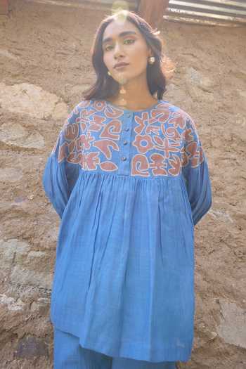 Ayaka_Blue Cotton, Chanderi Round Neck Hand Embroidered Yoke Top With Pant _Online_at_Aza_Fashions