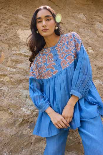 Buy_Ayaka_Blue Cotton, Chanderi Round Neck Hand Embroidered Yoke Top With Pant _Online_at_Aza_Fashions