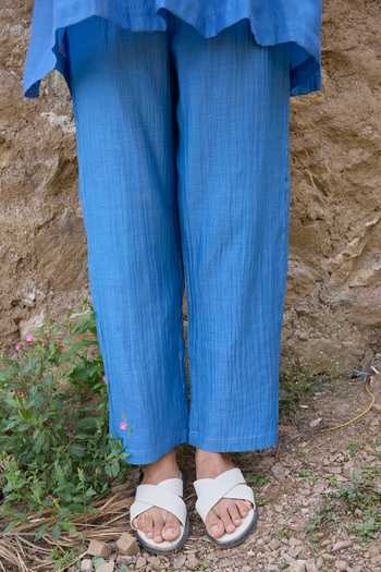 Shop_Ayaka_Blue Cotton, Chanderi Round Neck Hand Embroidered Yoke Top With Pant _Online_at_Aza_Fashions