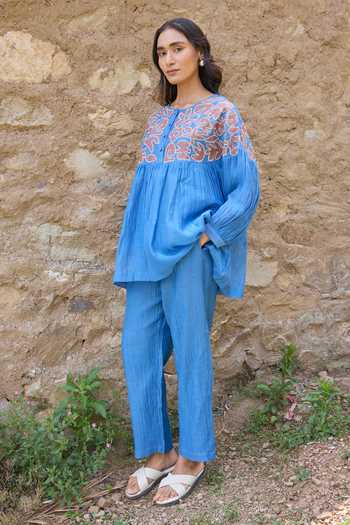 Ayaka_Blue Cotton, Chanderi Round Neck Hand Embroidered Yoke Top With Pant _at_Aza_Fashions
