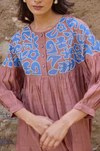 Ayaka_Brown Cotton, Chanderi Round Neck Contrast Yoke Top Pant Set _Online_at_Aza_Fashions