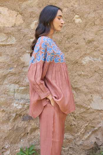 Buy_Ayaka_Brown Cotton, Chanderi Round Neck Contrast Yoke Top Pant Set _Online_at_Aza_Fashions