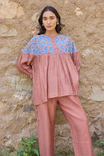 Shop_Ayaka_Brown Cotton, Chanderi Round Neck Contrast Yoke Top Pant Set _Online_at_Aza_Fashions