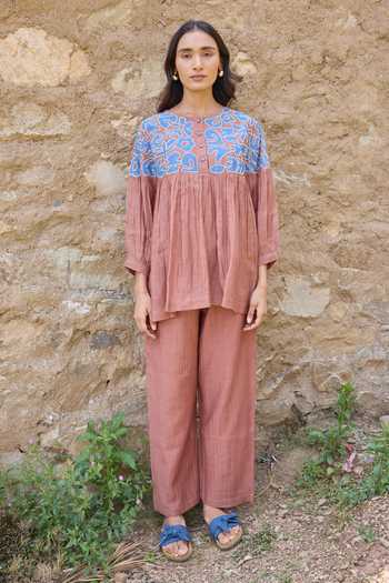 Ayaka_Brown Cotton, Chanderi Round Neck Contrast Yoke Top Pant Set _at_Aza_Fashions
