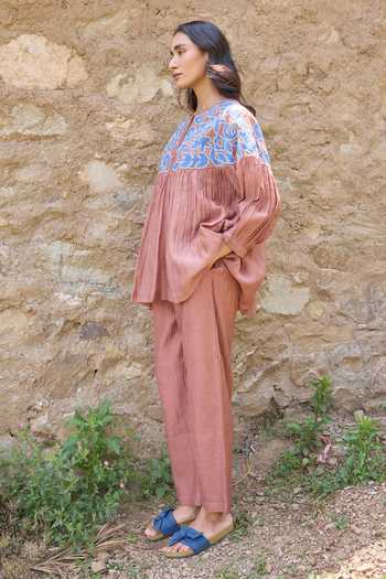 Buy_Ayaka_Brown Cotton, Chanderi Round Neck Contrast Yoke Top Pant Set 