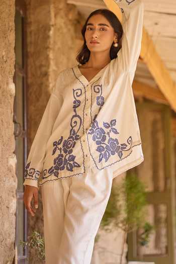 Buy_Ayaka_Off White Cotton V-neck Hand Embroidered Top With Pant _Online_at_Aza_Fashions