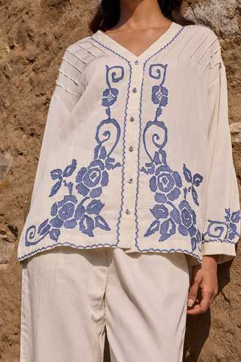 Ayaka_Off White Cotton V-neck Hand Embroidered Top With Pant _at_Aza_Fashions