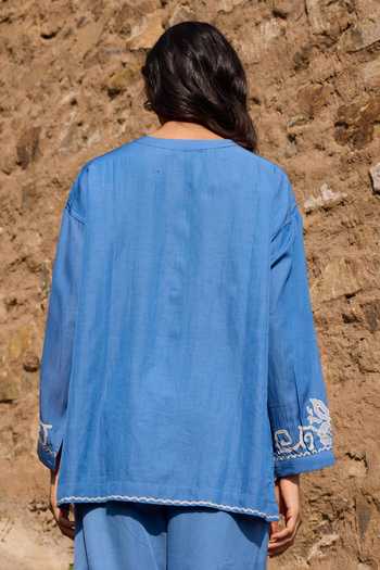 Ayaka_Blue Cotton V-neck Hand Embroidered Top And Pant Set _Online_at_Aza_Fashions