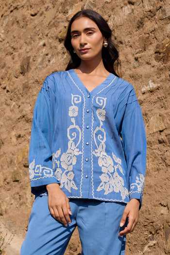 Buy_Ayaka_Blue Cotton V-neck Hand Embroidered Top And Pant Set _Online_at_Aza_Fashions