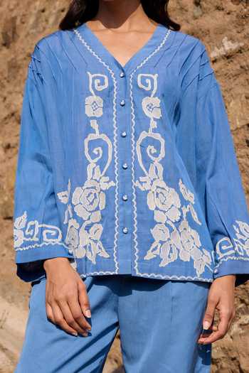 Shop_Ayaka_Blue Cotton V-neck Hand Embroidered Top And Pant Set _Online_at_Aza_Fashions