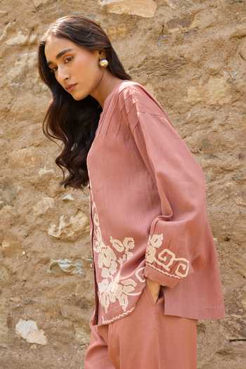 Ayaka_Brown Cotton V-neck Hand Embroidered Top With Pant _Online_at_Aza_Fashions