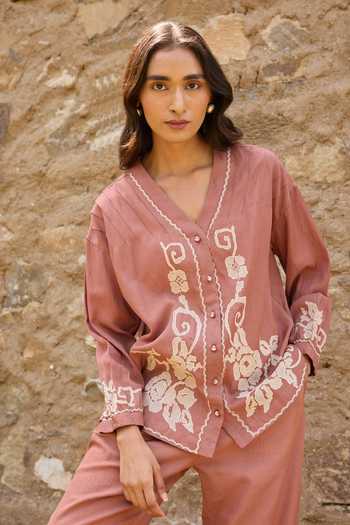 Buy_Ayaka_Brown Cotton V-neck Hand Embroidered Top With Pant _Online_at_Aza_Fashions